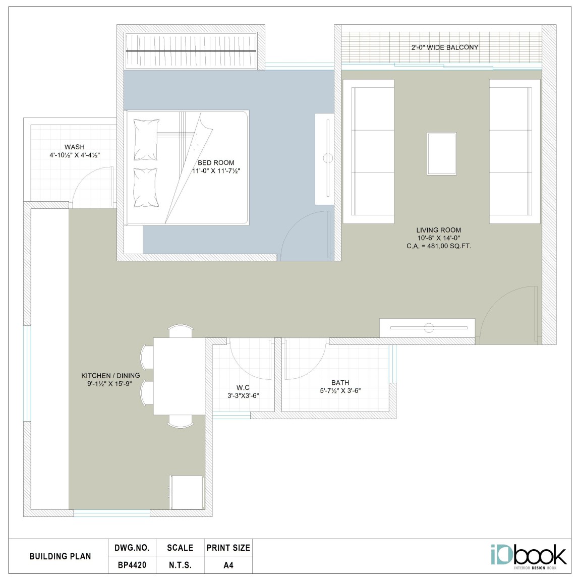Spacious 1 BHK flat planning