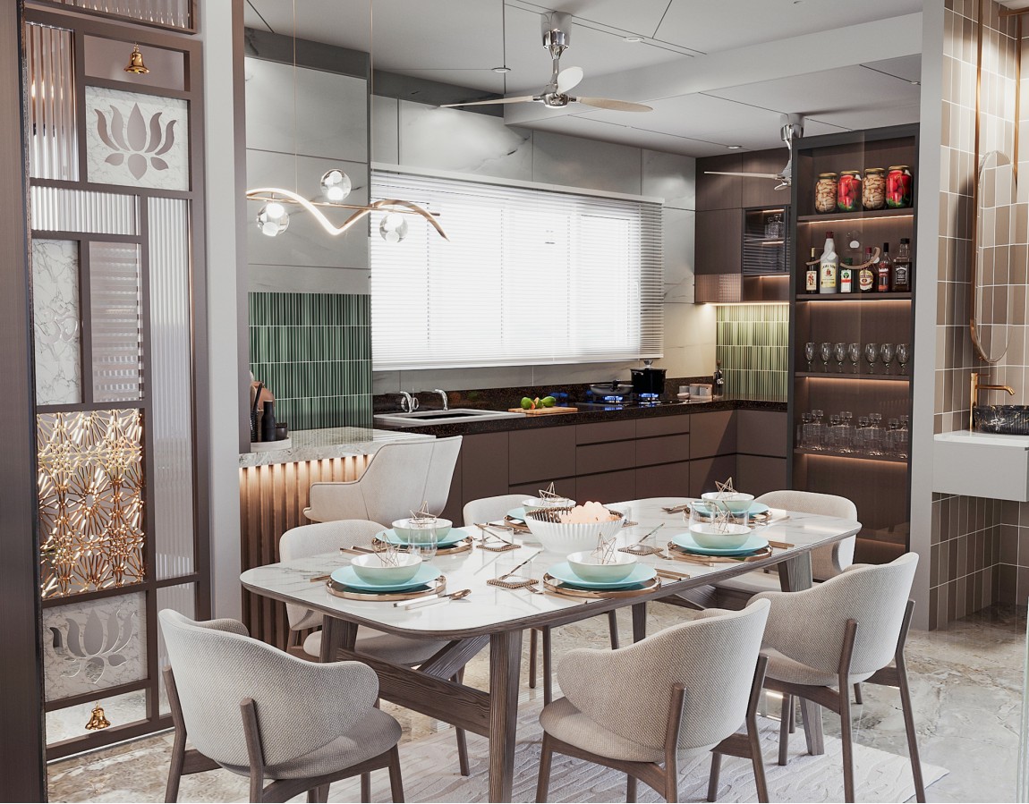 Modern Open Modular Kitchen with Dining Area