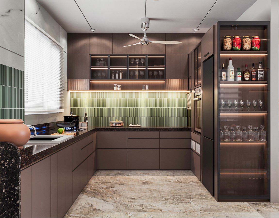 Modern Open Modular Kitchen with Dining Area