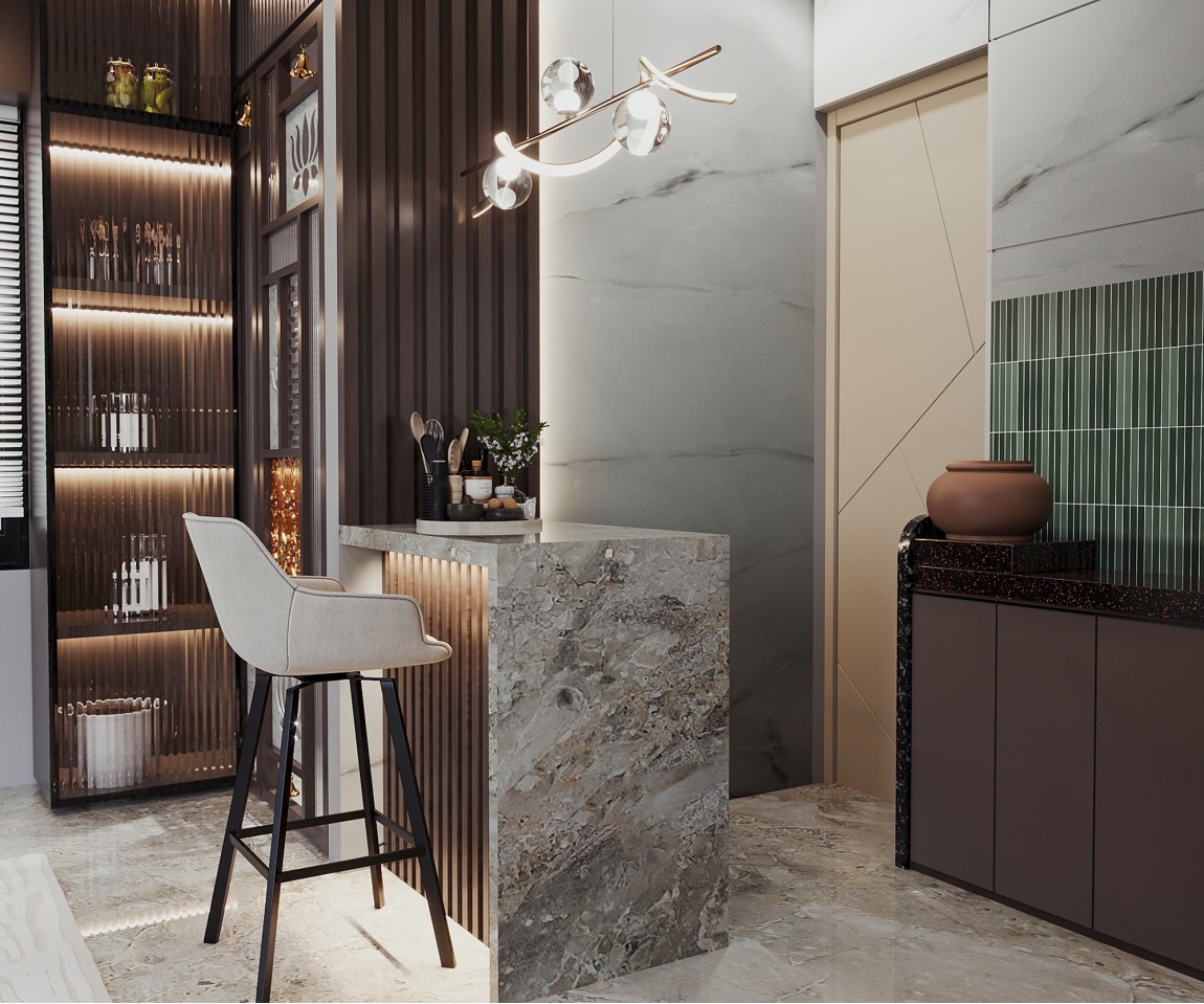 Modern Open Modular Kitchen with Dining Area
