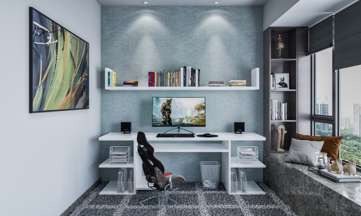 Icy White Study Table With Book Shelf