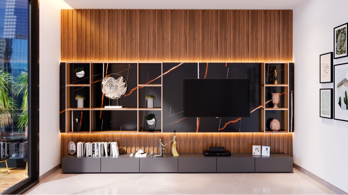 Layered & Luxurious TV Unit Design