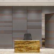 Grey Wall Paneling with Copper Accents